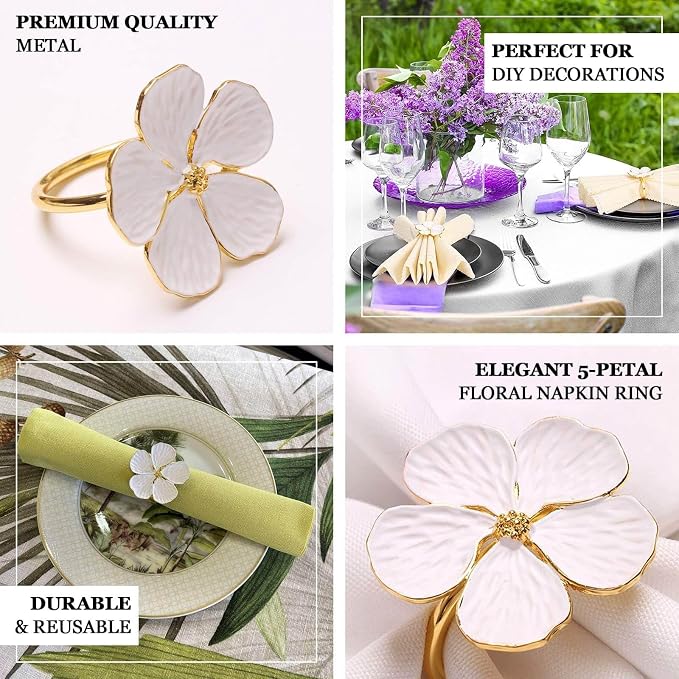 Efavormart 4 Pack | White & Gold Metal Flower Napkin Rings, Floral Serviette - Image 4