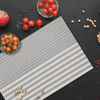 Placemats Set of 4 Vinyl Washable Grey Placemats, 18"x12" Wipeable Heat-Resistant Non-Slip Easy Clean Table Mats Ideal for Dining Table Table Runner and Outdoor (4, Grey Stripe)