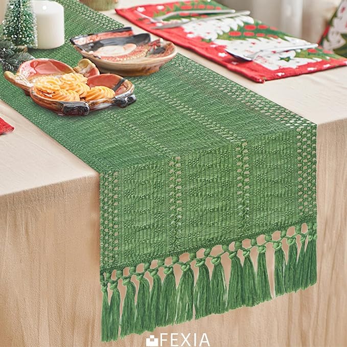 Green Table Runner with Tassels 12x72 Inch - Image 4