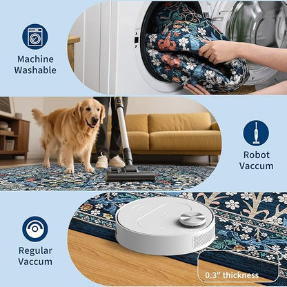 GarveeHome Floral 3x5 Area Rugs for Entryway, Washable Kitchen Rug Non Slip, Low Pile Bedroom Rug, Ultra Soft Stain Resistant Small Carpet for Laundry Room, Dark Blue
