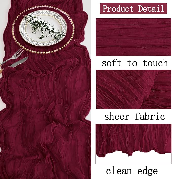4 Pack Burgundy Cheesecloth Table Runner 20 x 120 inch Gauze Table Runners 10 - Image 3