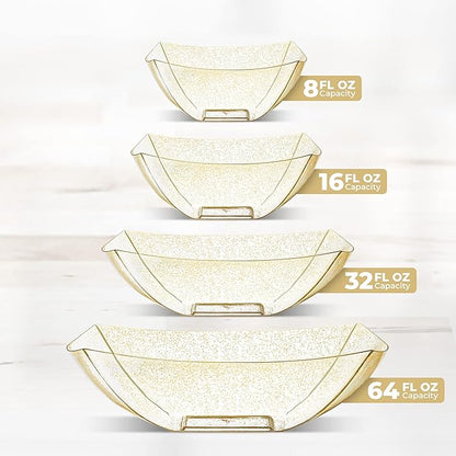 Posh Setting - Gold Glitter Plastic Serving Bowls for Party (16oz - 4 Pack) Square, Disposable, Candy Containers for Candy Buffet