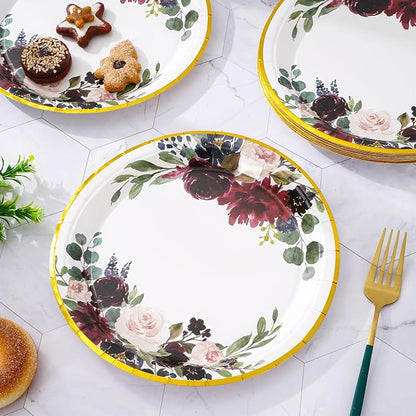JarThenaAMCS Floral Leaves Paper Plates Disposable Watercolor Red Flower Plates - Image 4