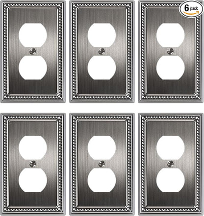 6-Pack Duplex Outlet Cover, Antique Silver Metal Wall Plates for Electrical Outlets, 1 Gang Receptacle Light Switch Cover, Pearls Beaded Decorative Switch Plates and Outlet Covers