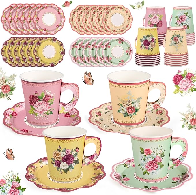 24 Sets Vintage Floral Tea Party Cups 7 OZ Disposable Paper Cups by NatNarr