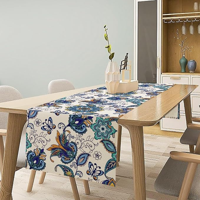 Oriental Paisley Table Runner, Luxury Vintage Blue Teal Floral Butterflies - Image 2