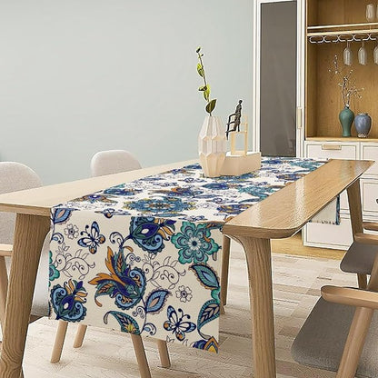 Oriental Paisley Table Runner, Luxury Vintage Blue Teal Floral Butterflies - Image 2