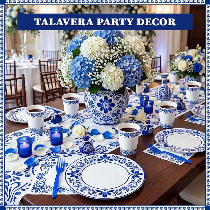 96 Pcs Cielito Lindo Party Supplies De Barro Mexican Talavera Blue Party Plates - Image 2
