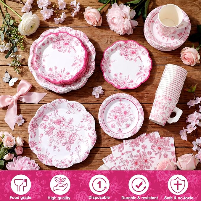 Pickmesh 252 Pcs Pink Floral Tea Party Supplies - Image 3