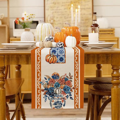 Fall Floral Chinoiserie Pumpkin Table Runner Rustic Burlap Table Runners - Image 2