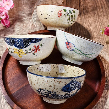 Japanese Retro Rice Bowls Set of 4 Hand-Painted Floral Design Ceramic Soup - Image 2