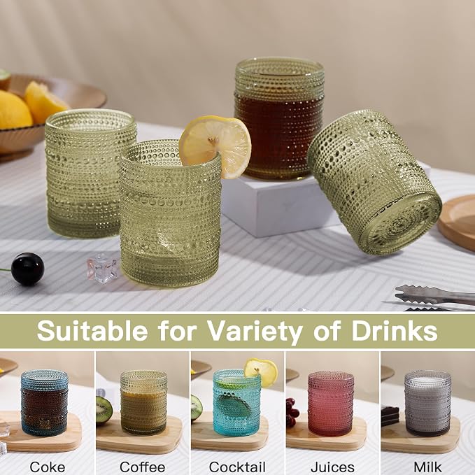 JOVGANK Green Vintage Hobnail Drinking Glasses Set of 6, Embossed Water Tumbler - Image 5