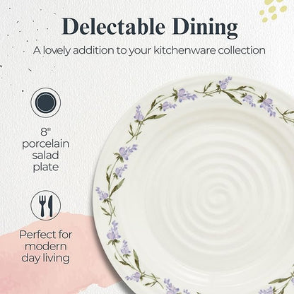 Portmeirion Sophie Conran Lavandula 8 Inch Salad Plates, Set of 4 - Rippled Porcelain Plates with Lavender Sprig Detail for Garden Brunches, Casual Entertaining & Seasonal Dining - Dishwasher Safe