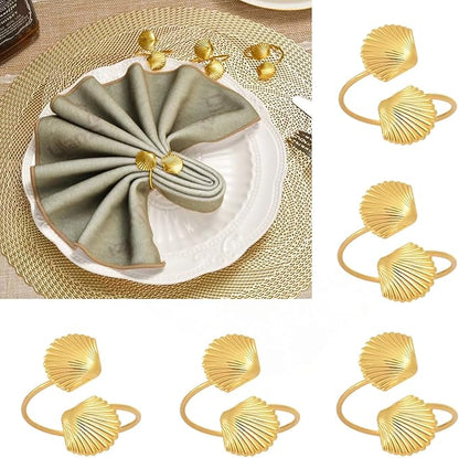 Decorative Napkin Rings Set of 6,Holders Decor Dinner Party,Wedding,Anniversary,Birthday,Table Decor Gift (Golden Shell)