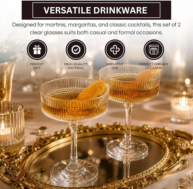 Khen Acrylic Ribbed Coupe Glasses, 8oz Clear Shatterproof Plastic Martini - Image 4
