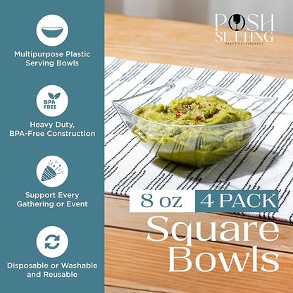Posh Setting - Clear Plastic Serving Bowls for Party (8oz - 4 Pack) Square, Disposable, Salad & Fruit Bowls for Party Table, Candy Containers for Candy Buffet