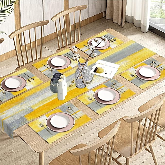 Emvency Table Runner and Placemats Set of 6, Abstract Yellow | Modern Painting by Emvency