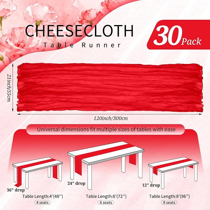 30 Pack Cheesecloth Table Runner 10FT Red Table Runner Boho Gauze Cheese Cloth - Image 2