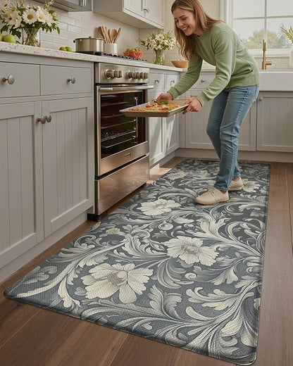 Color&Geometry Floral Kitchen Mat 24"x87", Anti Fatigue Kitchen Mats for Floor, Kitchen Rugs Non Slip, Waterproof & Oil Proof Padded Runner for Standing Desk Office, Sink - Grey