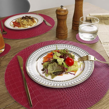 Jovono Round Leather Placemats for Round Tables Set of 6, Red Place Mats and Coasters, Wipeable Waterproof Heat Resistant Table Mats Easy to Care for Indoor Decor 14 inch Diameter