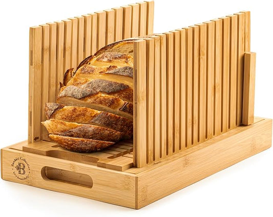 Bread Slicer for Homemade Bread - Bambüsi Upgraded Adjustable Bamboo Bread Cutter Board, Foldable Slicing Guide with Crumb Tray for Sourdough, Artisan Loaves, Bagels, Cakes, Bakery Kitchen Gadget Gift