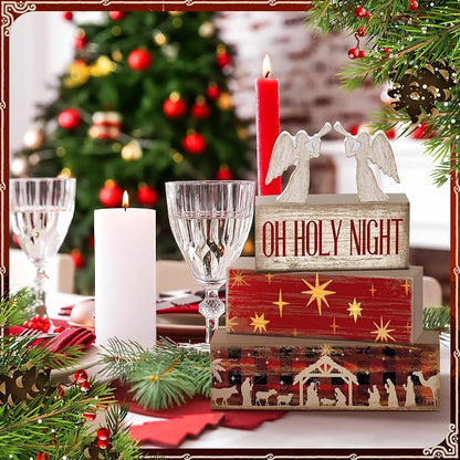 Moucuny 4 Pcs Wooden Christmas Nativity Tiered Tray Decor Rustic Wood Angel - Image 3