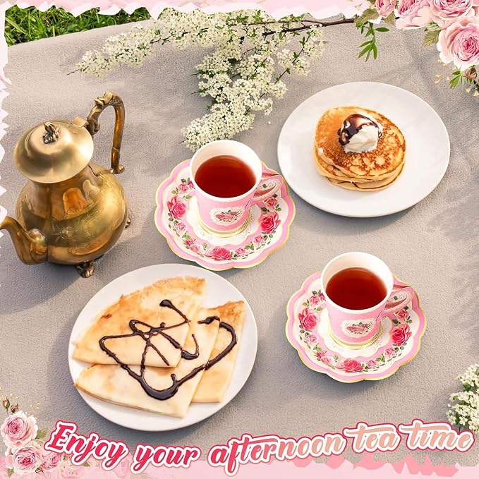 Jasni 168 Pcs Floral Paper Tea Cups and Saucers Set, Severs Disposable Tea - Image 2