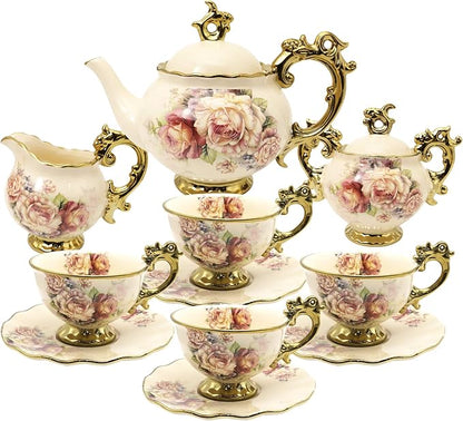 fanquare 15 Pieces British Porcelain Tea Set, Floral Vintage China Coffee Set by fanquare