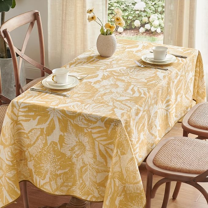 jinchan Yellow Tropical Floral Linen Rectangle Table Cloth 50x84 | Colorful - Image 2