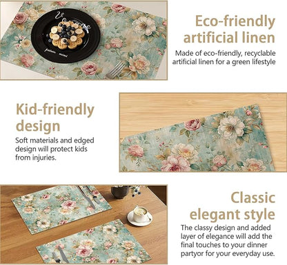 Pink Flowers Leaves Placemats Set of 6, Linen Washable for Christmas, Thanksgiving, Party, and Daily Dining, Decorative Table Mats for 4-6 Person Table
