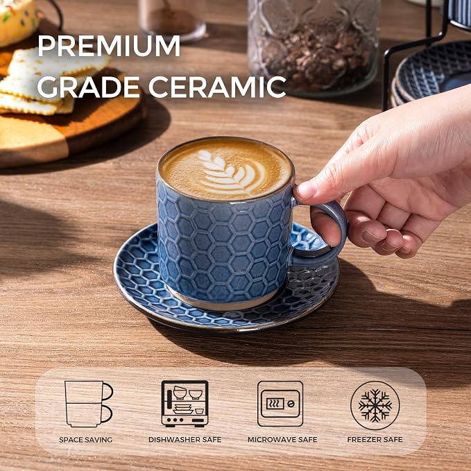 GBhome 6 OZ Stackable Coffee Mugs Set of 4, Ceramic Espresso Coffee Cups | - Image 3