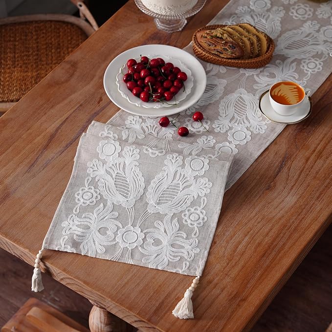 Embroidered Table Runner Boho Farmhouse Dresser Scarf, 4 Tassel Pendants - Image 4