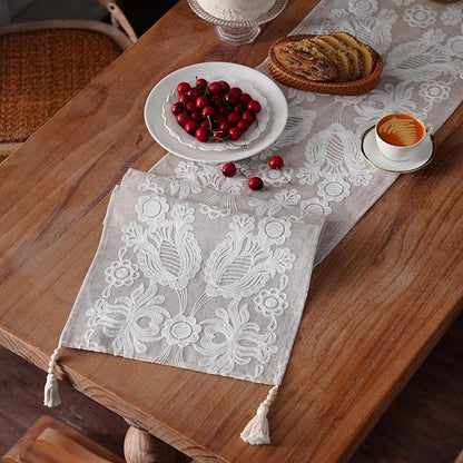 Embroidered Table Runner Boho Farmhouse Dresser Scarf, 4 Tassel Pendants - Image 4
