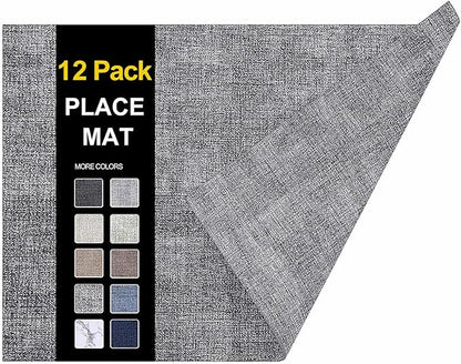 homing Faux Leather Heat Resistant Placemats 12 Packs, Waterproof Wipeable Dining PU Place Mats for Indoor & Outdoor, Easy to Clean, Smokey Grey
