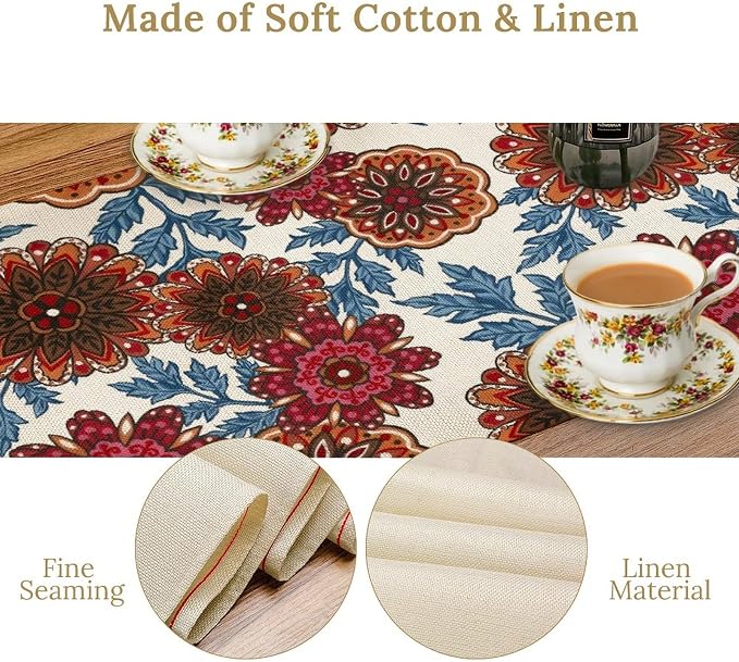 Mandala Flower Table Runner, Vintage Oriental Exotic Native Red Floral Blue - Image 6