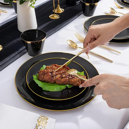 MirthMood 350Pcs Black and Gold Disposable Plates,Black Plates, Black and Gold Plates Include 30 Dinner,Dessert Plate,30 Cup&30 Napkins, 90 Gold Silverware for Wedding & Party & Birthday & New Year