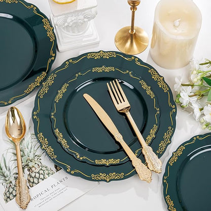 DaYammi 150Pcs Green Plastic Plates with Gold Silverware,Green Disposable Plates for Party include 30 Dinner Plate,30 Dessert Plate,90 Gold Plastic Cutlery,green gold plate for St. Patrick's Day Party