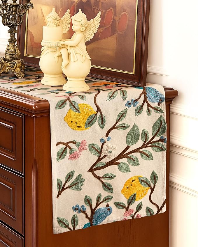 Canvas Embroidered Narrow 13"x 60" Table Runner, Lemon Bird | Exquisite - Image 5