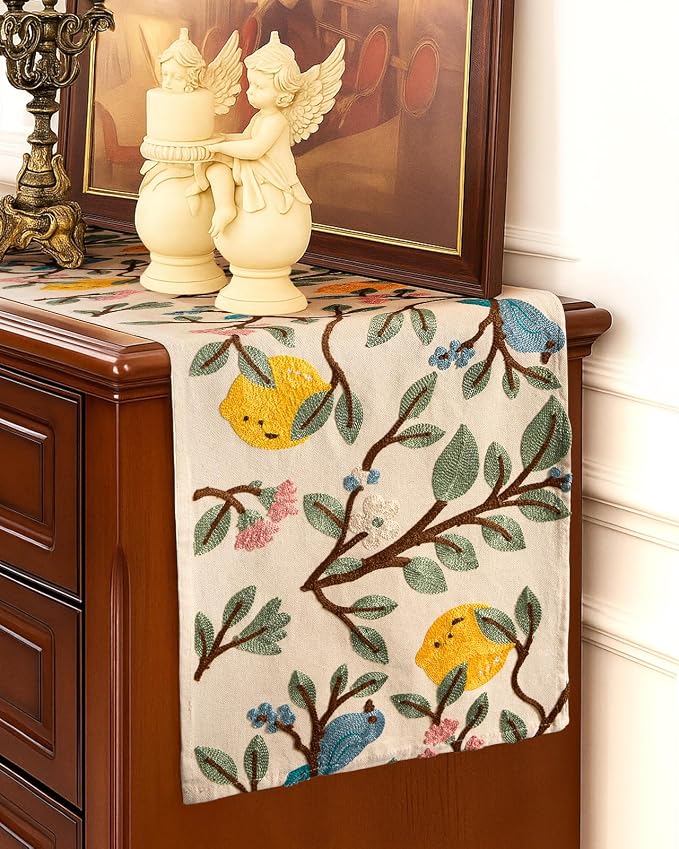 Canvas Embroidered Narrow 13"x 72" Table Runner, Lemon Bird | Exquisite - Image 5