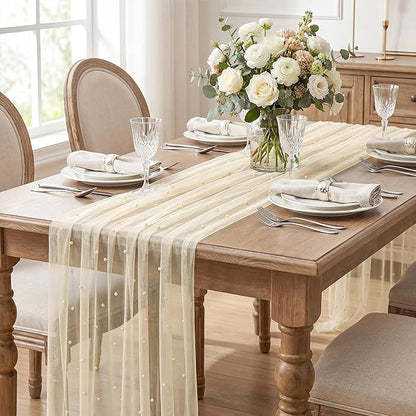 Artoid Mode Pearl Champine Gauze Table Runner 120 Inch 10FT, Seasonal Sheer Dining Holiday Wedding Birthday Baby Shower Table Decor for Home Party