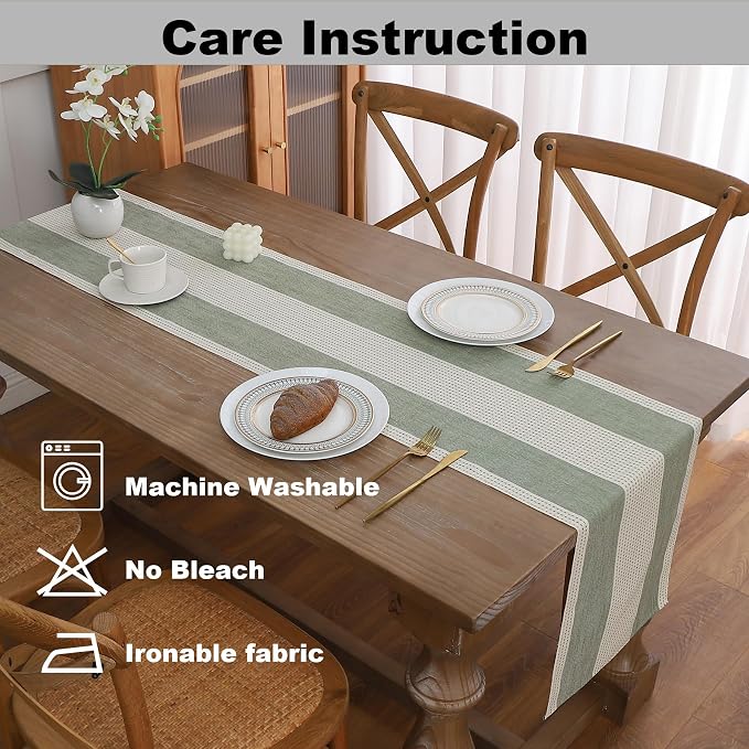 Gernaice Boho Table Runner, Rustic Striped Cotton Linen Farmhouse Table Runners - Image 5