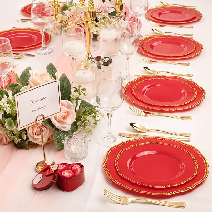 60 Pcs Red Gold Dinner Plates for Party | 10.25 inch Heavy-duty Disposable - Image 8