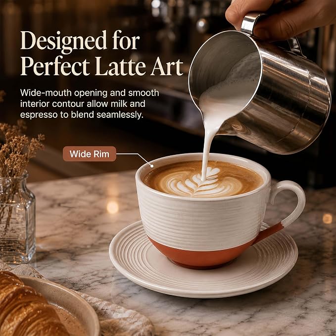12 Oz Cappuccino Cups with Saucers, Coffee Cups Set of 4, Ceramic Tea Cup and - Image 8