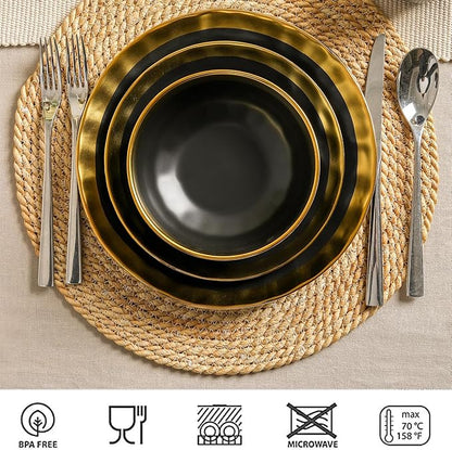 vicrays Ceramic Salad Bowls Set for Kitchen, Serving - 24 Ounce Soup Bowls, Pasta Bowls, Chip Resistant, Dishwasher Safe, NOT Microwave Safe, Fluted, Stoneware, Set of 6 (Black with Golden)