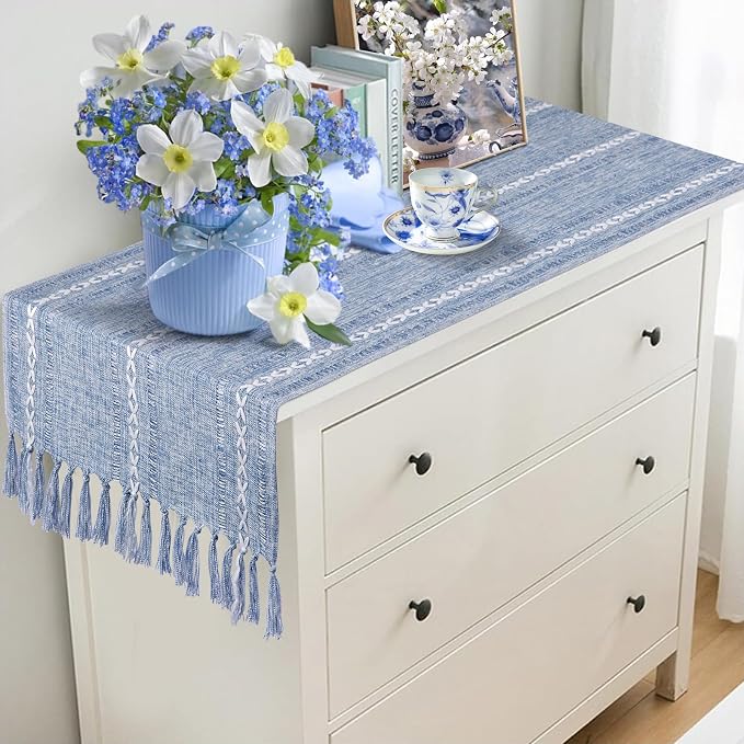 Dusty Blue Table Runner Short 15.7 x 36 inch, Boho Small Table Cloth, Dresser - Image 5