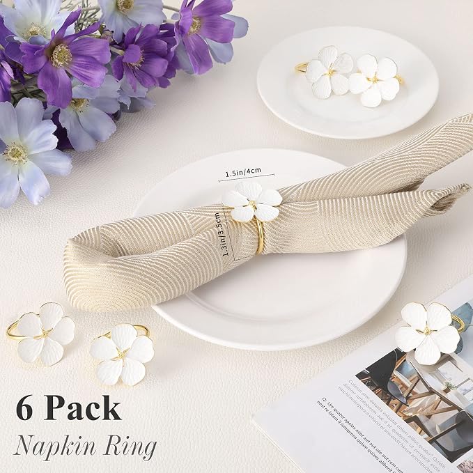 Lewondr Napkin Rings 6 Pack Flower Napkin Holders Dinner Tables Rings White | - Image 5