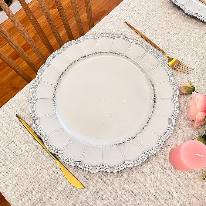White Antique Charger Plates, 13 Inch Metallic Chargers - Image 2