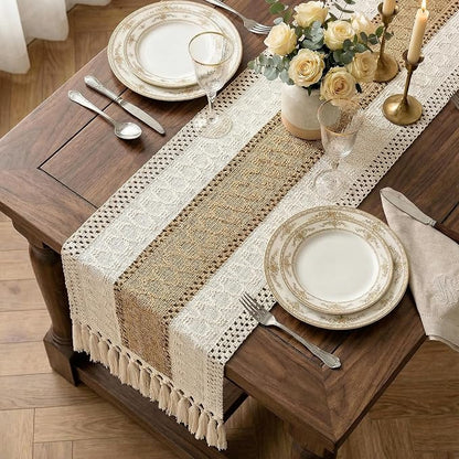 Burlap Boho Table Runner Macrame Brown 90in Farmhouse Woven Runner | Burlap - Image 2