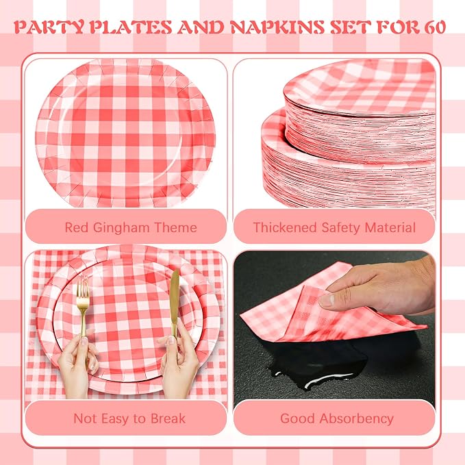 180Pcs Red Gingham Party Supplies Paper Plates and Napkins Serve 60 | - Image 3