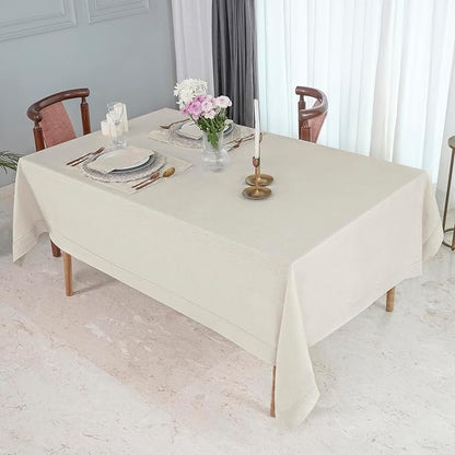 D'Moksha Homes Light Natural Linen Tablecloth for Rectangle Tables 60 x 144 Inch - 100% Pure Linen Natural Table Cloth - Classic Hemstitch, Machine Washable Dining Tablecloth for Valentines, Easter